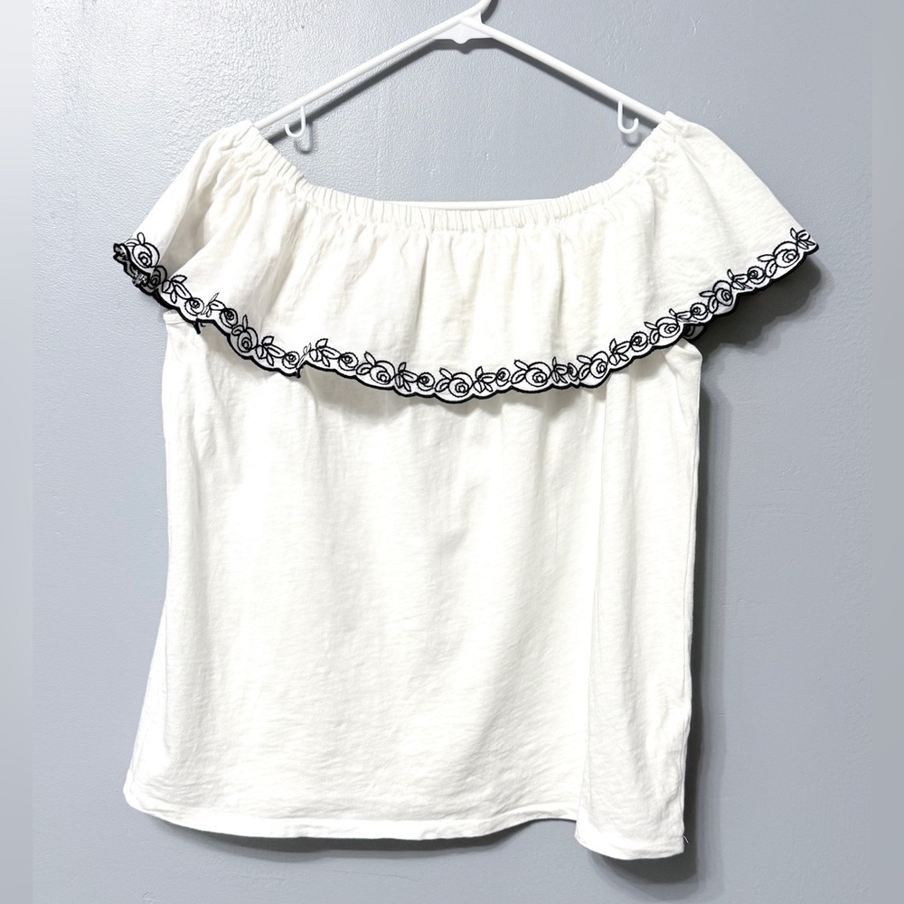 #5)  J. Crew Off-Shoulder 100% Cotton White Blouse with blue Embroidery - Picture 2 of 4